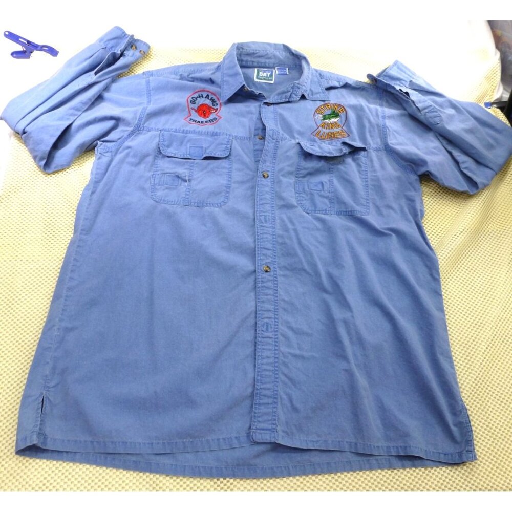 Bimini‎ Bay Outfitters Mens Large Fishing Shirt Blue BASS Strike King Patches